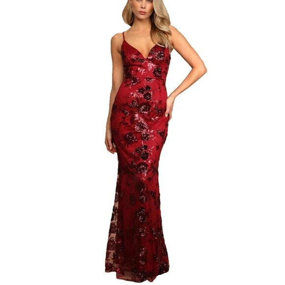 Lulus Shine Language Ruby Wine Red Sequin Mermaid Maxi Dress M Formal Prom NEW - Picture 1 of 10